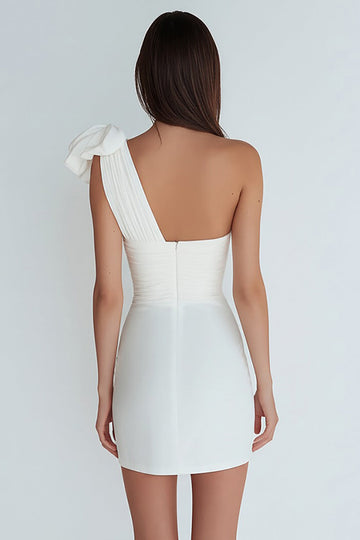 One Shoulder Bodycon Ruched Little White Dress
